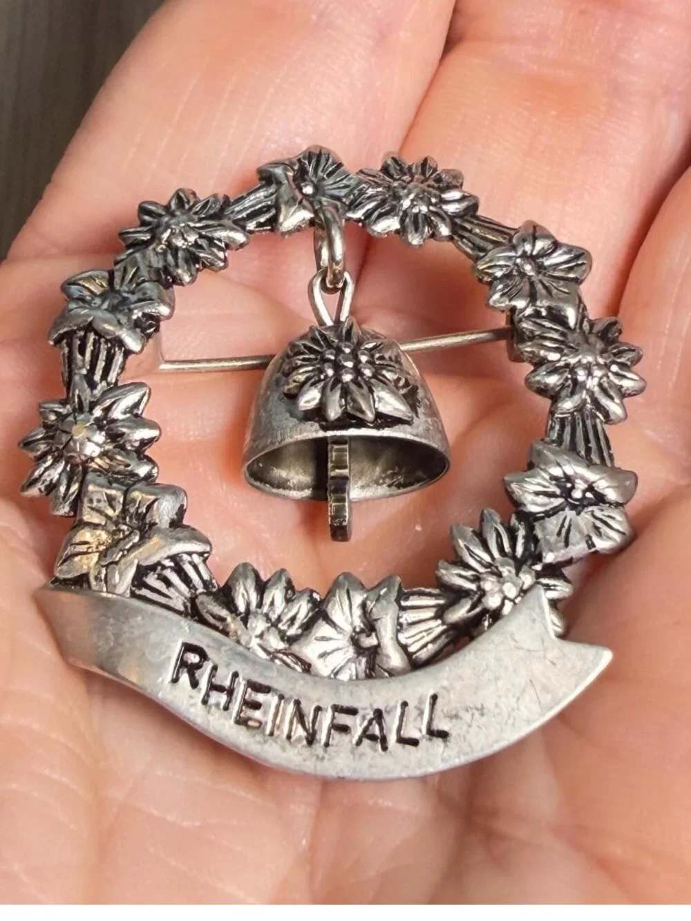 Vintage Rheinfall Swiss Alps Edelweiss Cowbell Souvenir Brooch Pin 1.75”